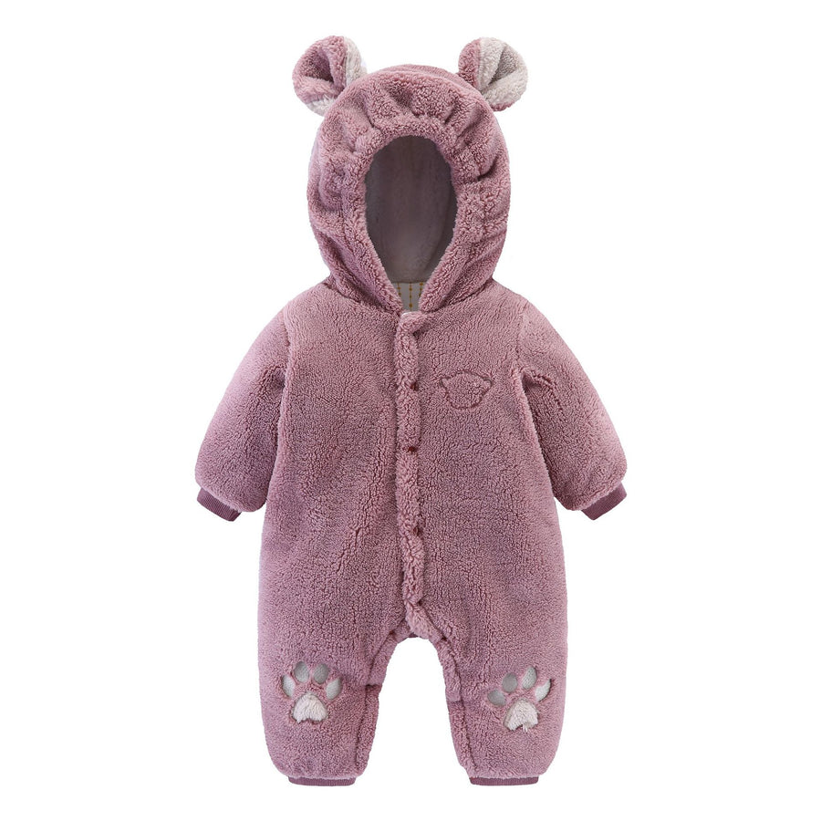 The bear cub romper in purple laid flat, showing the hood ears, popper front and paw-print feet