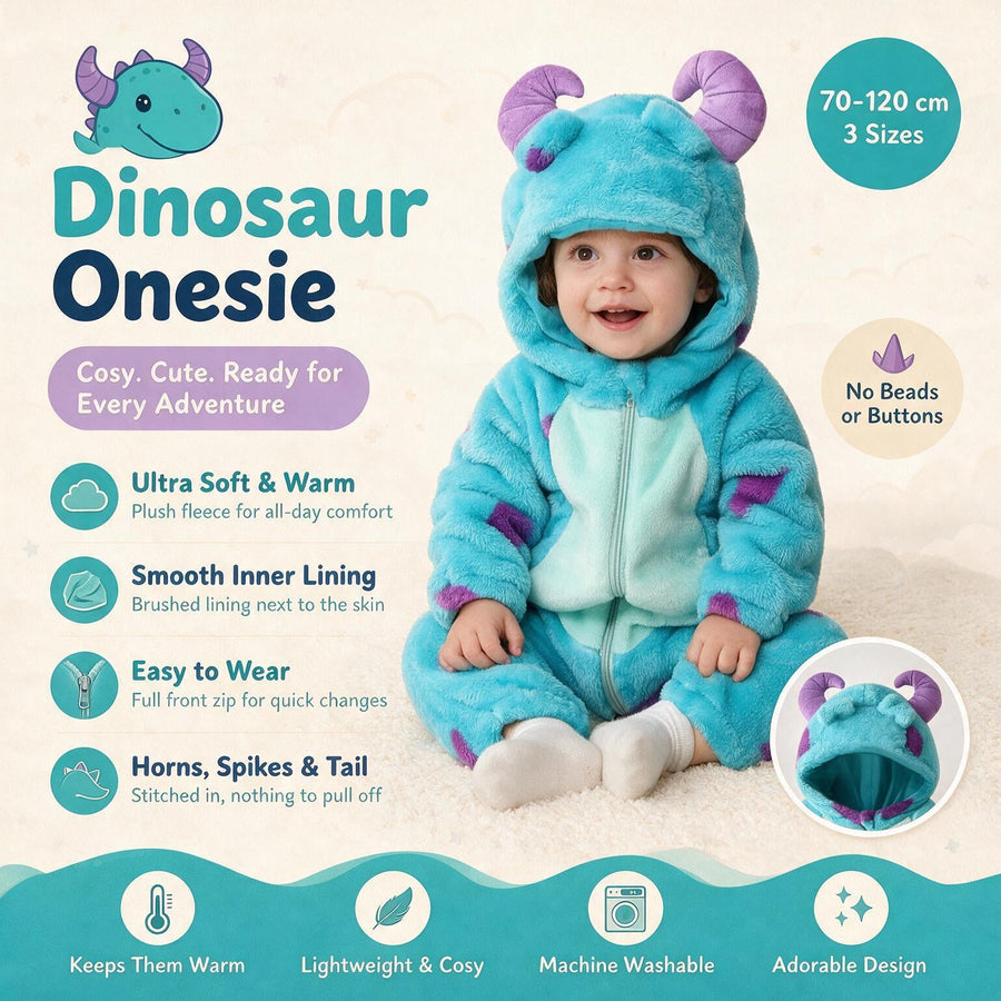 Dinosaur Onesie feature overview: plush fleece, smooth inner lining, full front zip, stitched horns, spikes and tail, sizes 70 to 120 cm