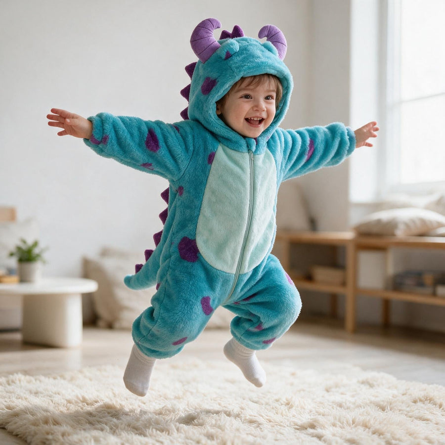 Toddler mid-jump on a cream rug in the turquoise dinosaur onesie