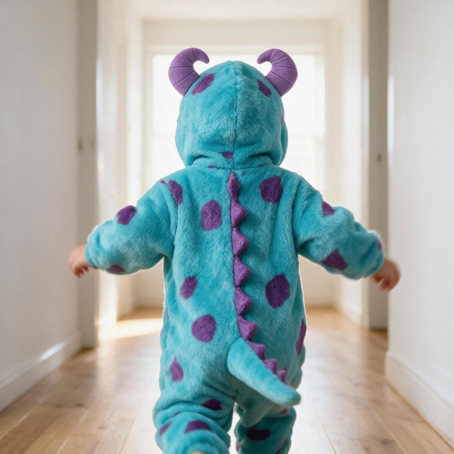 Back view of a toddler running down a hallway, back spikes and tail visible