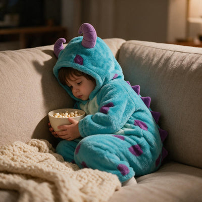 Child curled on a sofa with popcorn on film night in the dinosaur onesie