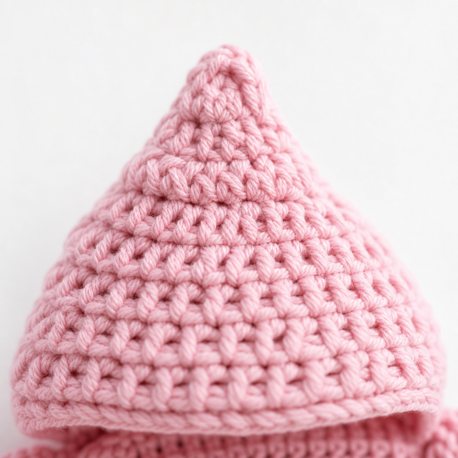 Close-up of the pointed crocheted hood
