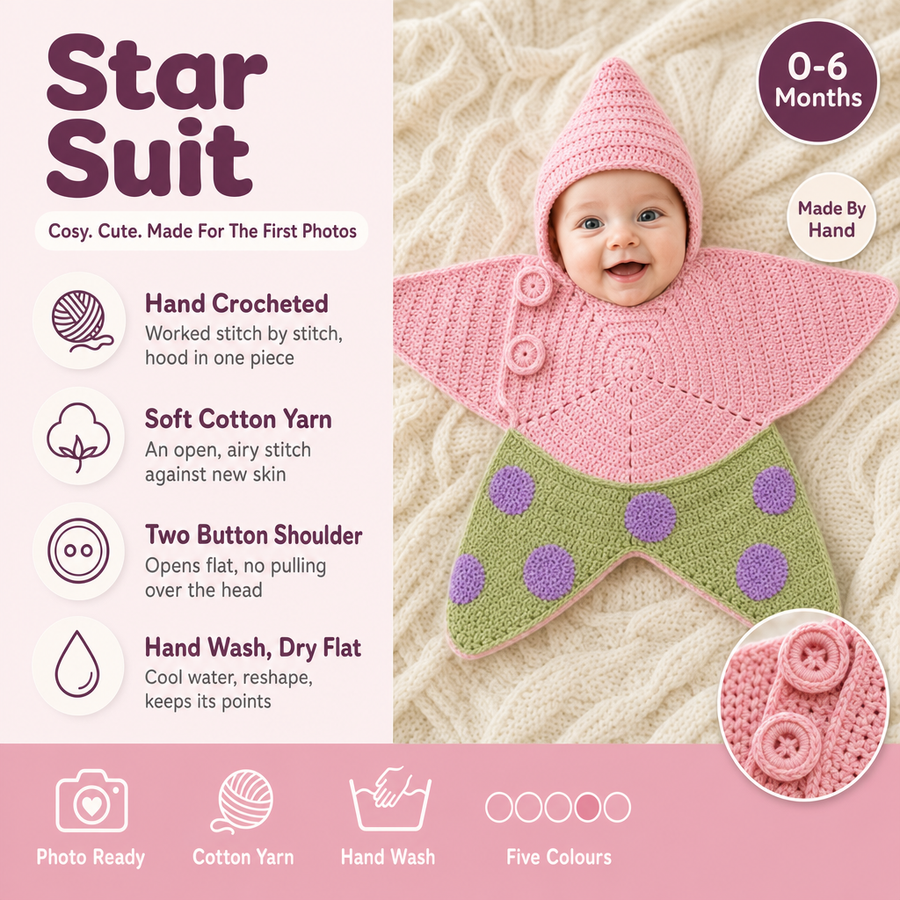 Star Suit: hand-crocheted, soft cotton yarn, two-button shoulder, hand wash and dry flat, 0-6 months