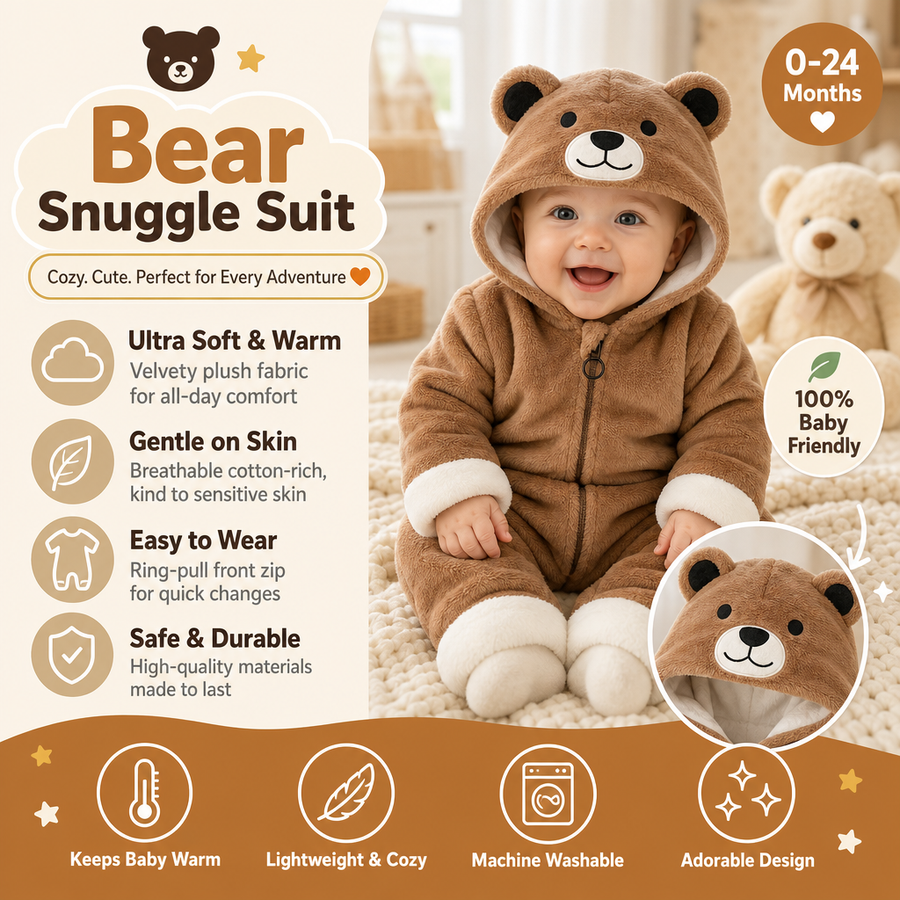 Baby wearing the brown bear snuggle suit with the hood up, beside a panel listing its soft plush fabric, cotton-rich feel, ring-pull zip and 0-24 month sizing