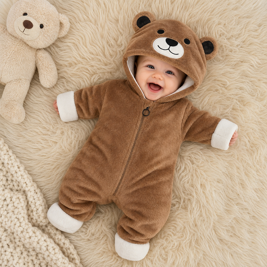 Baby lying on a cream rug in the brown bear snuggle suit, hood up, bear ears and embroidered face framing their face