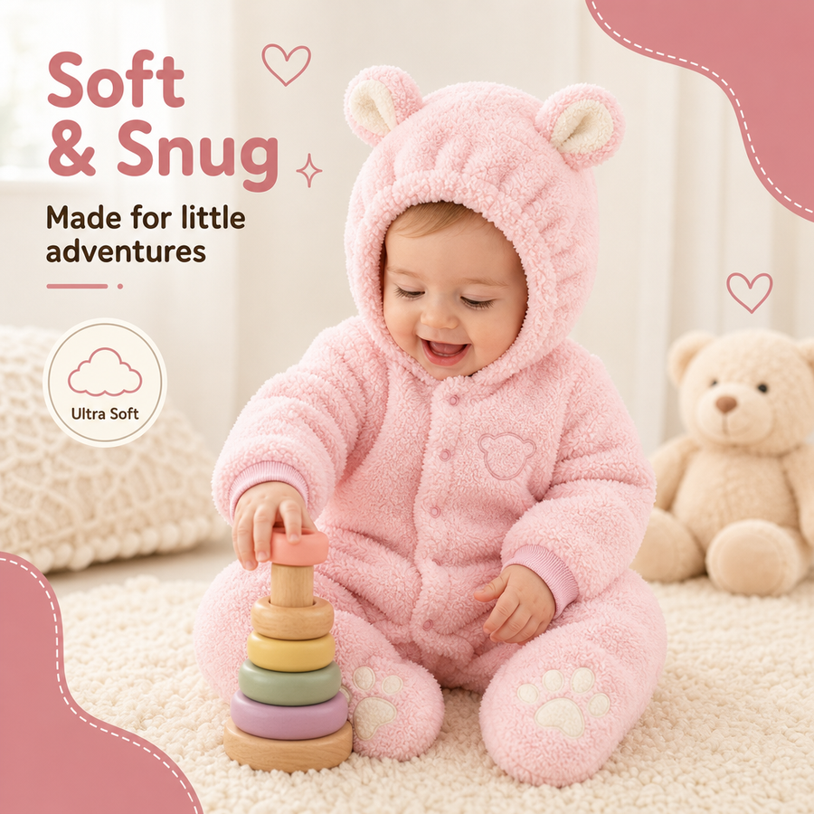 Baby in the pink bear cub romper sitting on a cream rug with a wooden stacking toy, hood up