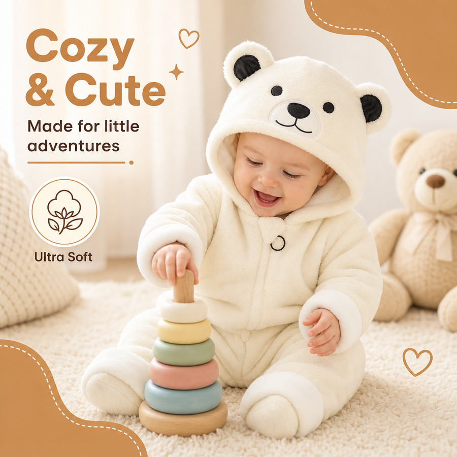 Baby in the beige bear snuggle suit sitting on a cream rug with a wooden stacking toy, hood up and bear ears visible