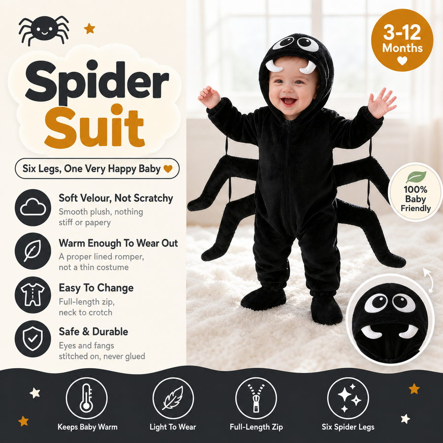 Baby standing in the black spider suit with the hood up, beside a panel listing its soft velour, lined warmth, full-length zip and 3-12 month sizing