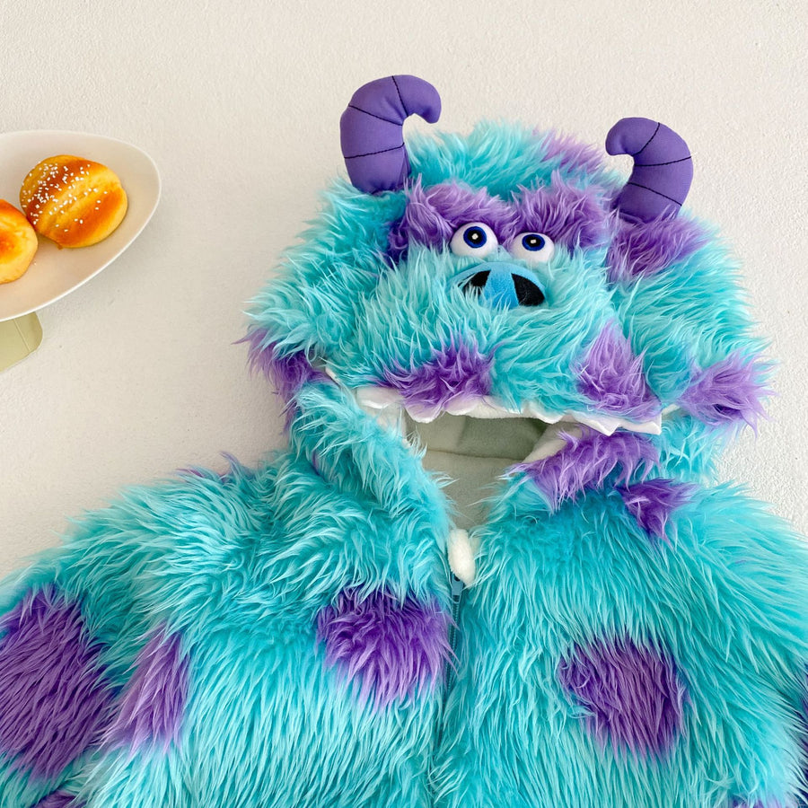 The hood and chest, with the front zip and the purple streaks through the turquoise pile