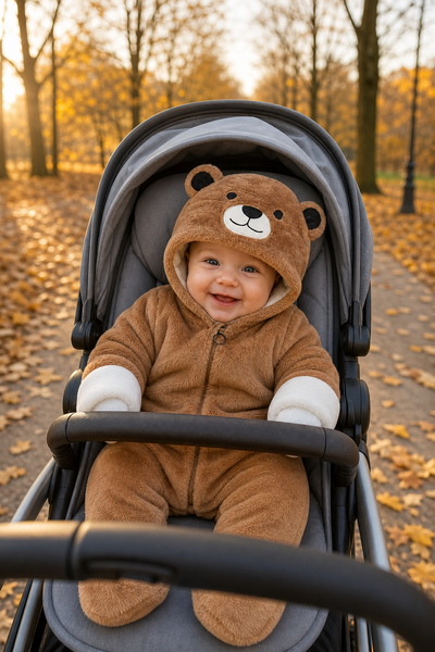 Baby in the brown bear snuggle suit sitting in a pram on an autumn park path, hood up