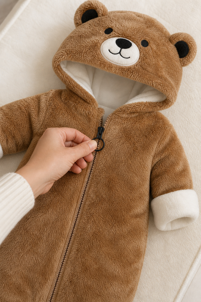 A hand pulling the black ring zip pull up the front of the brown bear snuggle suit