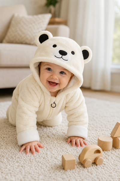 Baby crawling on a cream rug in the beige bear snuggle suit with the hood up