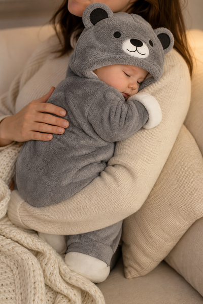 Sleepy baby in the grey bear snuggle suit held against a parent's shoulder on a sofa