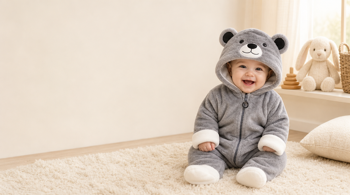 Baby sitting up in the grey bear snuggle suit with the hood up and the bear ears visible
