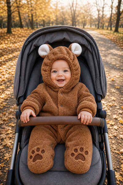 Baby in the brown bear cub romper sitting in a pram on an autumn park path, hood up