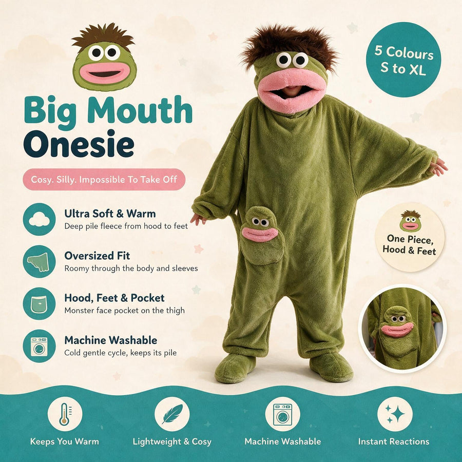 Big Mouth Onesie in green: deep pile fleece, oversized fit, hood, feet and monster face pocket, five colours, sizes S to XL