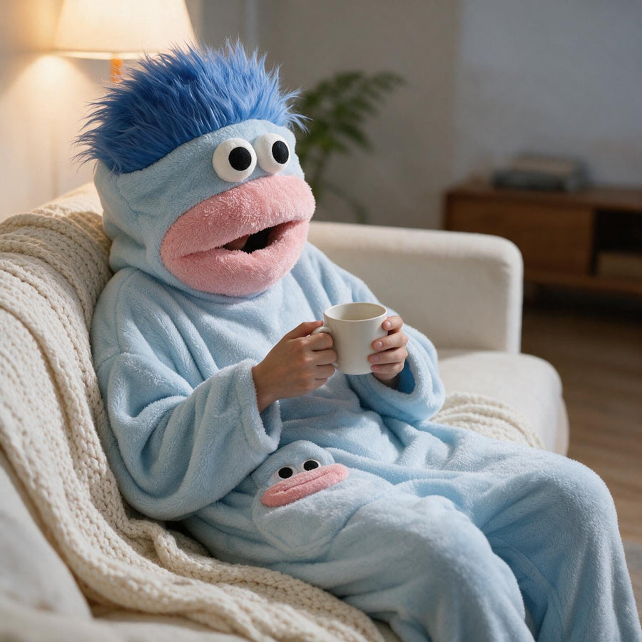 Person curled on a sofa with a mug, wearing the pale blue big mouth onesie