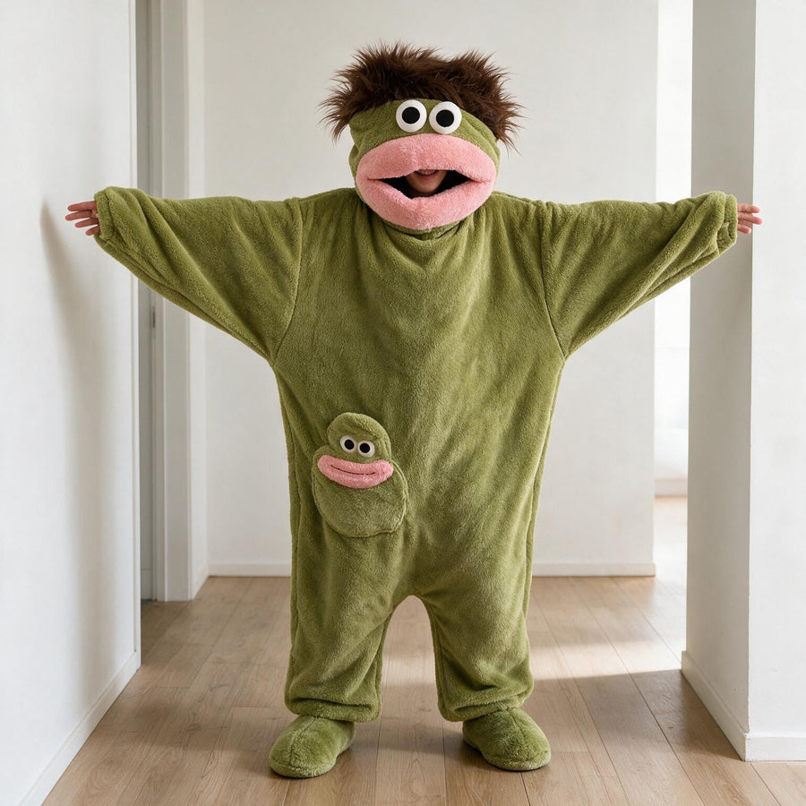 Person with arms stretched wide showing the batwing sleeves of the green big mouth onesie