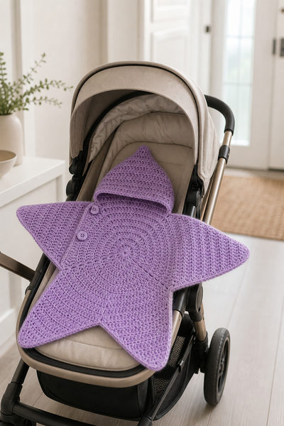 Purple star wrap laid across a pram seat