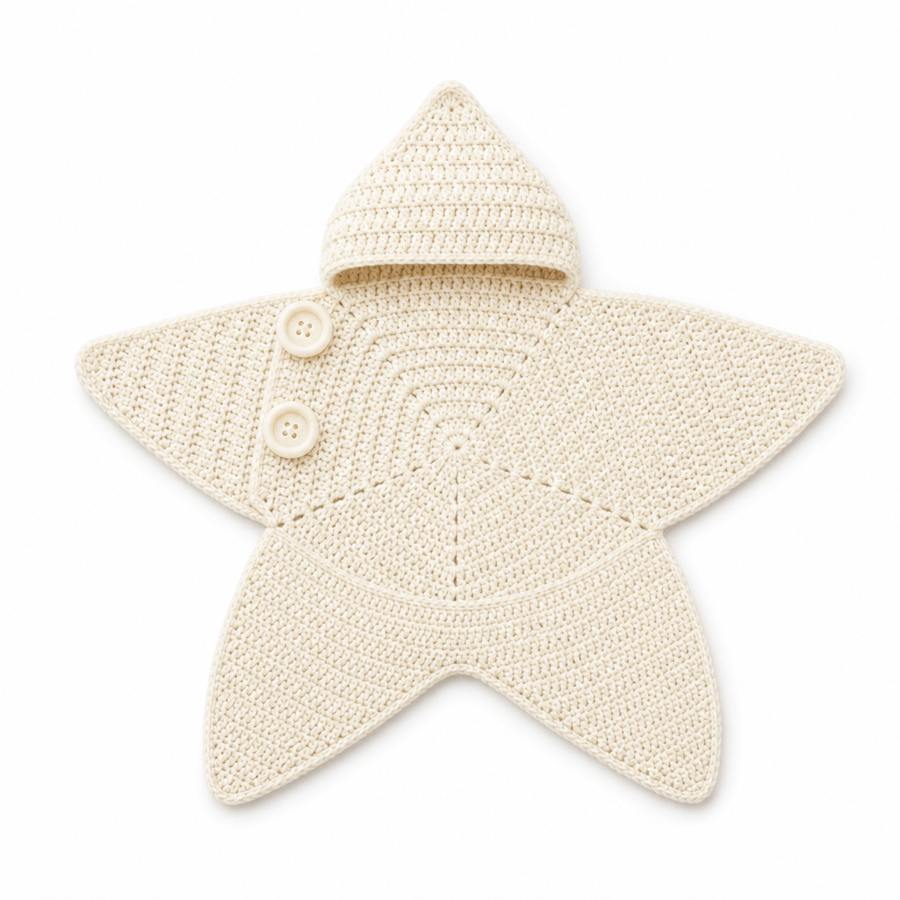 Cream star baby wrap with a pointed hood, laid flat