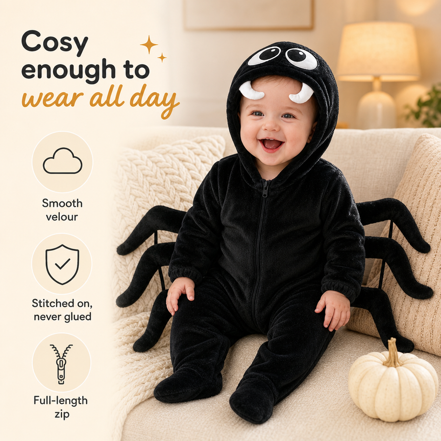 Baby sitting on a sofa in the black spider suit, beside captions for smooth velour and the full-length zip