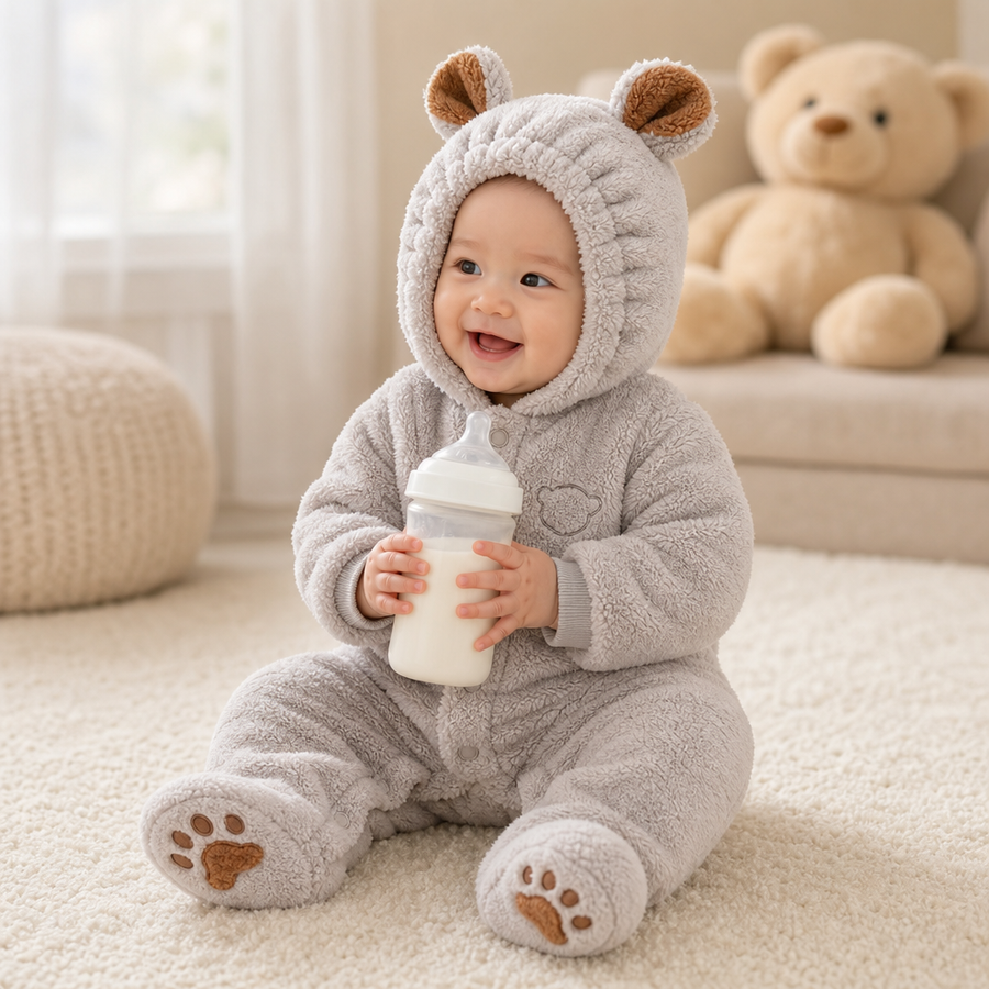Baby sitting up in the grey bear cub romper holding a bottle, hood up, paw prints on the feet
