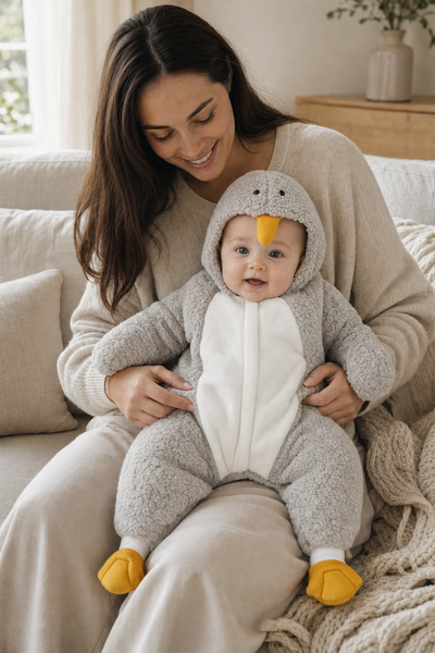 Penguin suit cuddles on the sofa