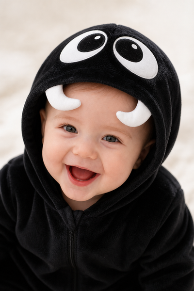 Close-up of the spider hood on a baby, two cartoon eyes and two white fangs