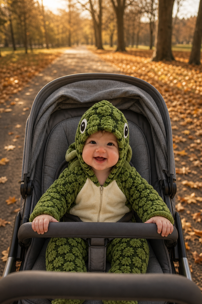 Baby in the green turtle suit sitting in a pram on an autumn park path, hood up