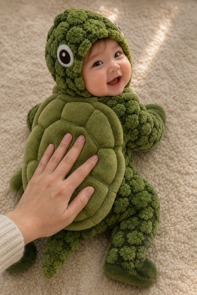 A hand pressing into the bobbly shell texture on the back of the green turtle suit