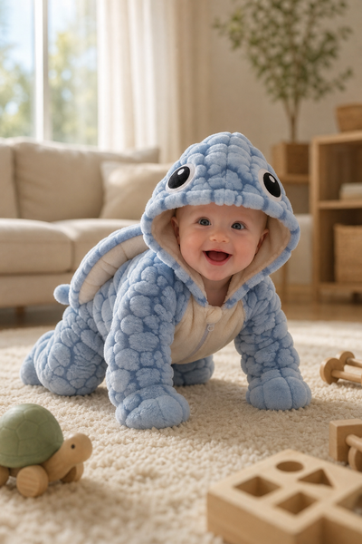 Baby crawling on a cream rug in the blue turtle suit with the hood up