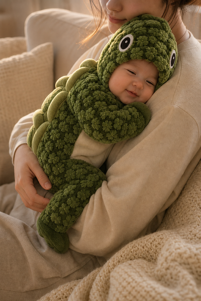 Sleepy baby in the green turtle suit held against a parent's shoulder on a sofa
