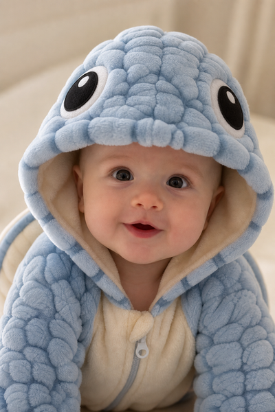 Close-up of the blue turtle hood showing the cartoon eyes and bobbly shell texture